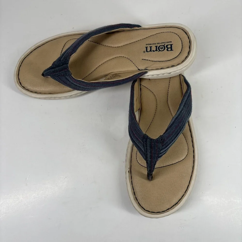 Born‎ Liselotte Women's US 7M Navy Fabric Leather Comfort Slip-On Thong Sandals